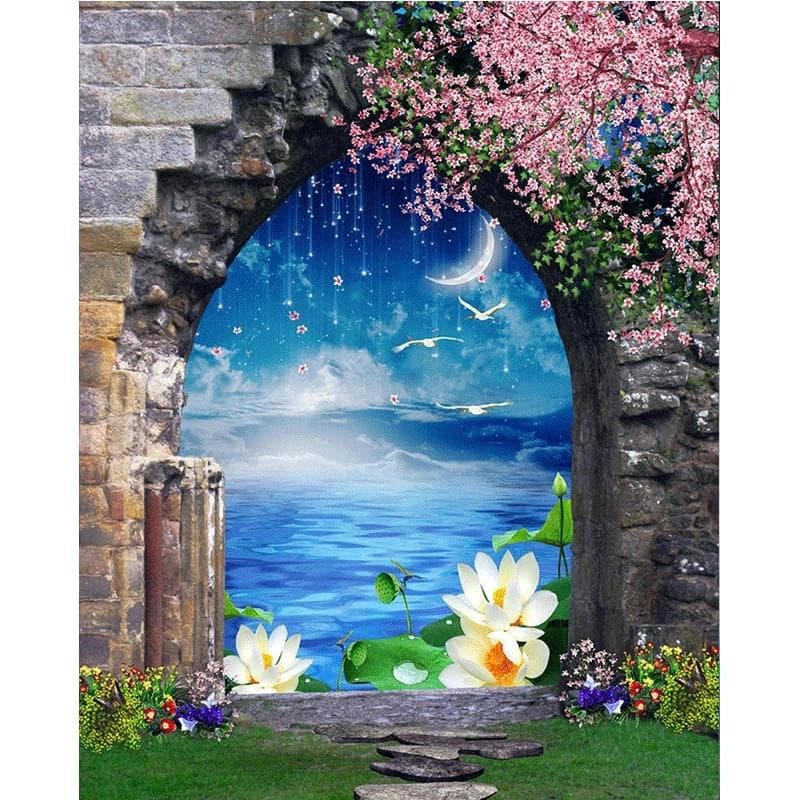 Diamond Painting Cross Needlework Round Full of The Picture Cross Stitch Door To Sea &White Lotus 20X30CM