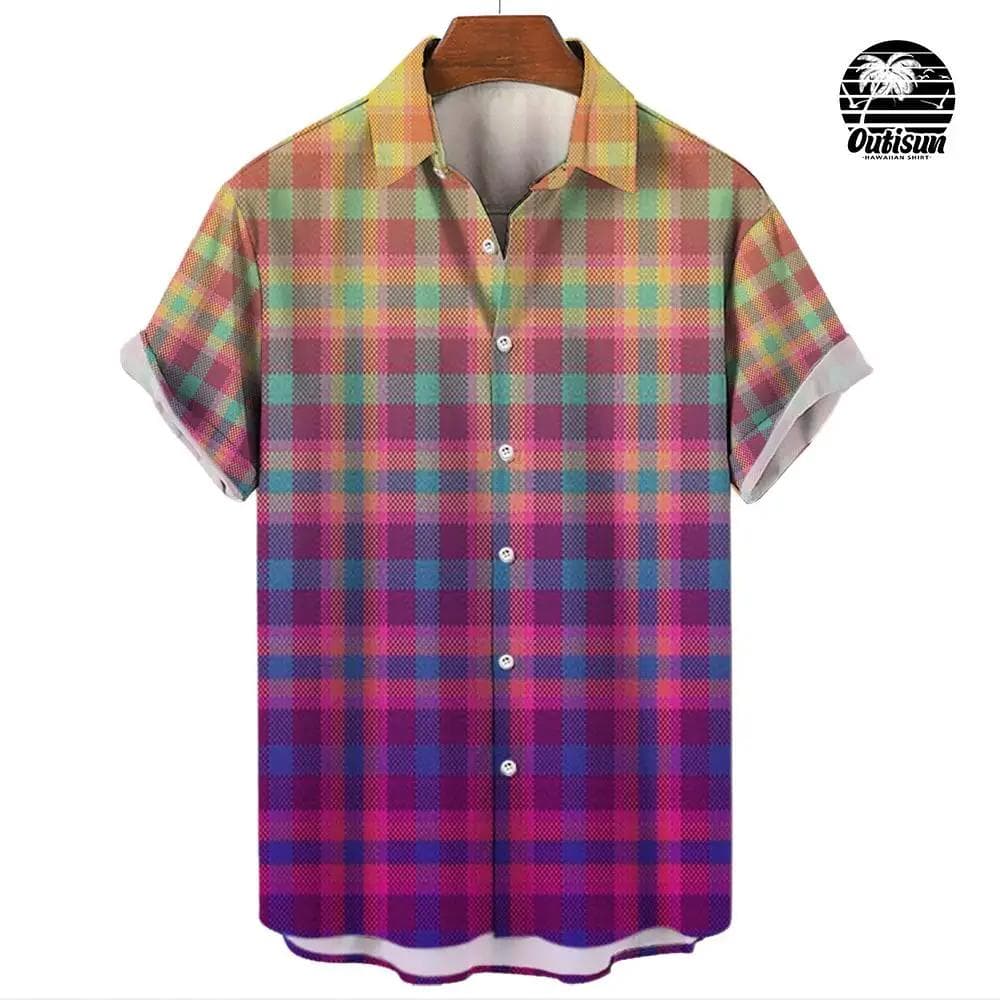 Summer Fashion Plaid Rainbow Print Men's Short Sleeve Casual Shirt Pride Month Party Outfit Tops Street Trend Party Oversized 3XL