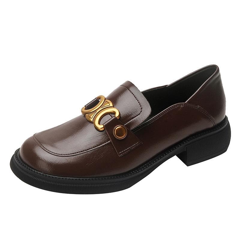 New Metal Shoes, Lok Fu Shoes, Women's Round-headed British Shoes, Women's Joker Platform Casual Shoes. 40 brown