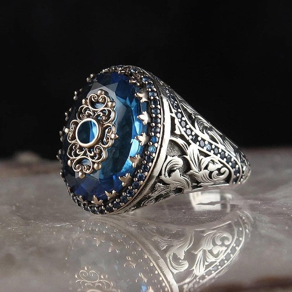 Retro Handmade Turkish Signet Rings For Men Ancient Silver Color Carved Scorpion Animal Rings Yellow Zircon Inlay Muslim Rings 8