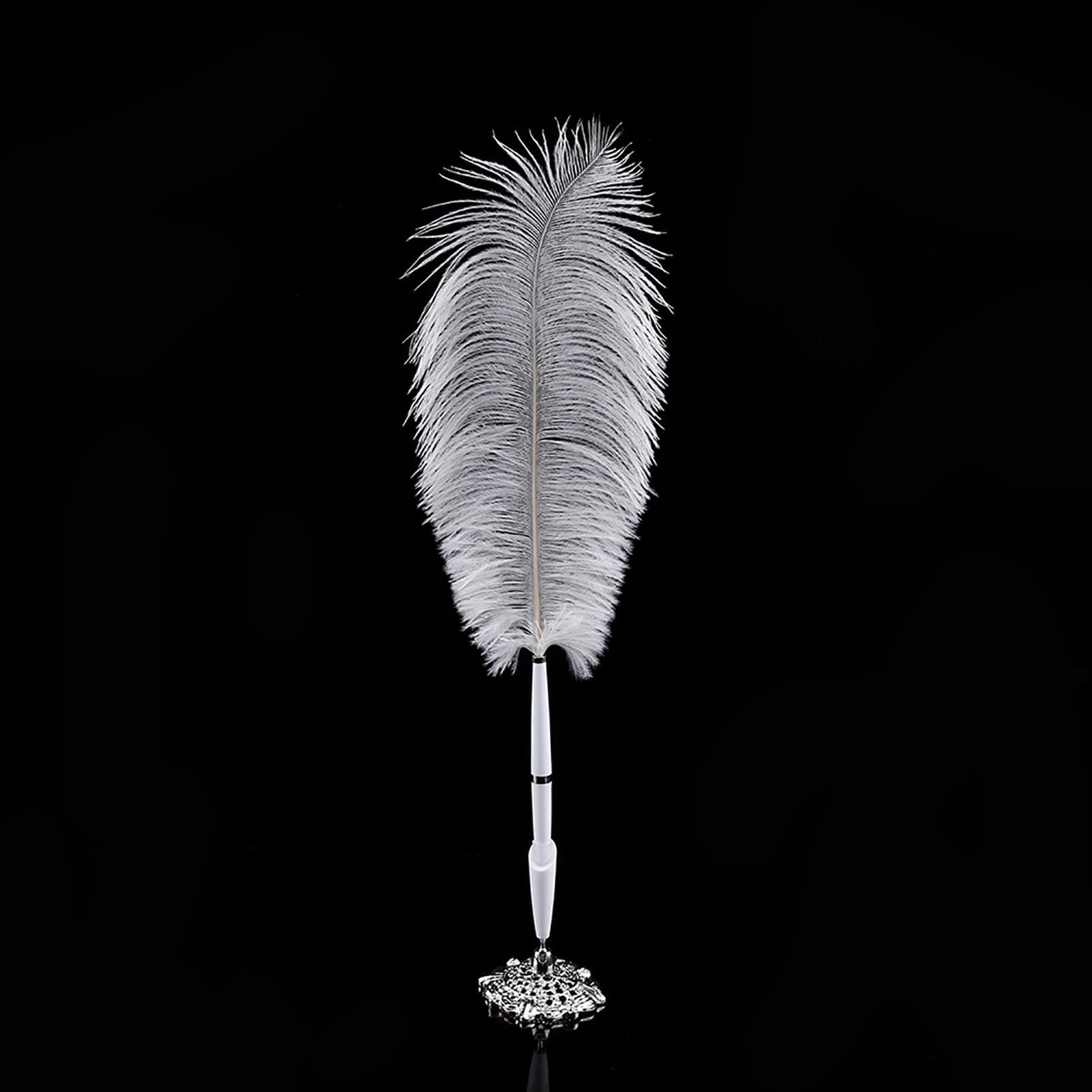 Ostrich Feather Wedding Quill Signing Ballpoint Writing Pen With Metal Holder New Silver