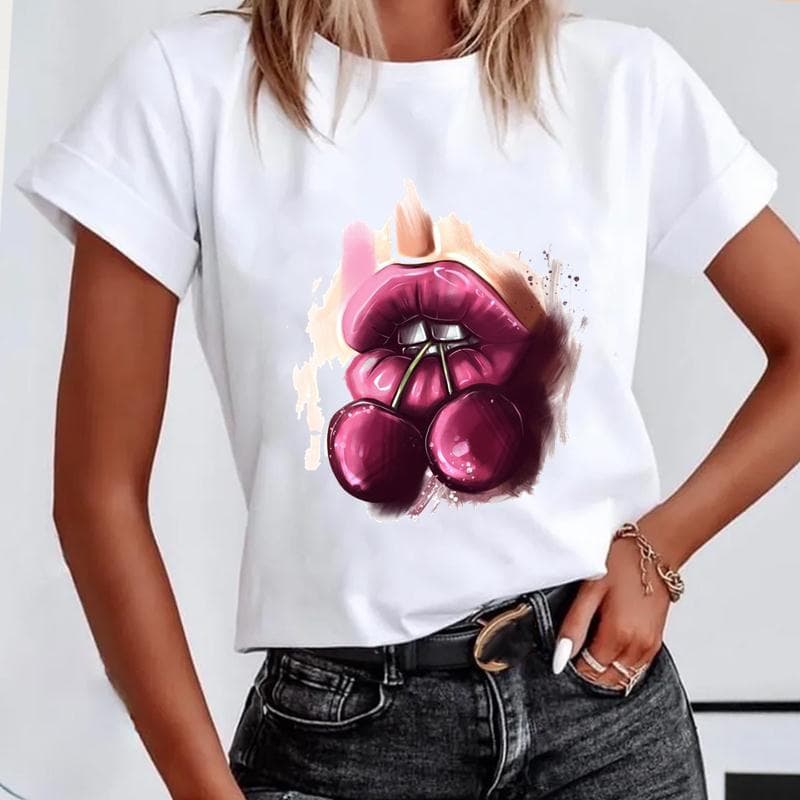 (Asian size) Short Sleeve Lip Love Sexy Trend Cute Lovely Women's Print Tee Top Summer Fashion Tshirt Woman Female Basic T Clothing Graphic T-shirts XXXXL