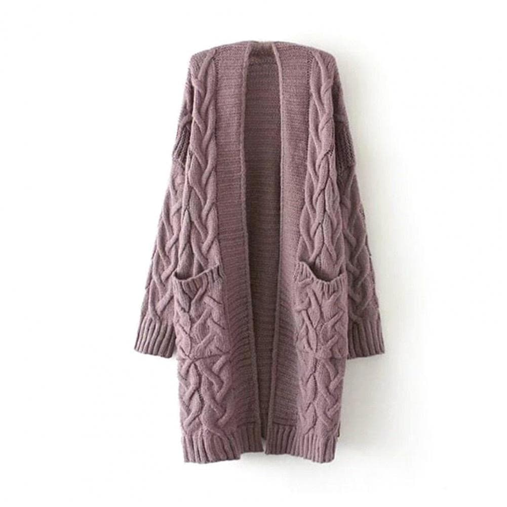 Women Knitting Cardigan Long Sleeve Ribbed Trim Open Front Sweater Coat with Pockets Twist Texture Mid-Length Loose Fit Sweater One Size purple
