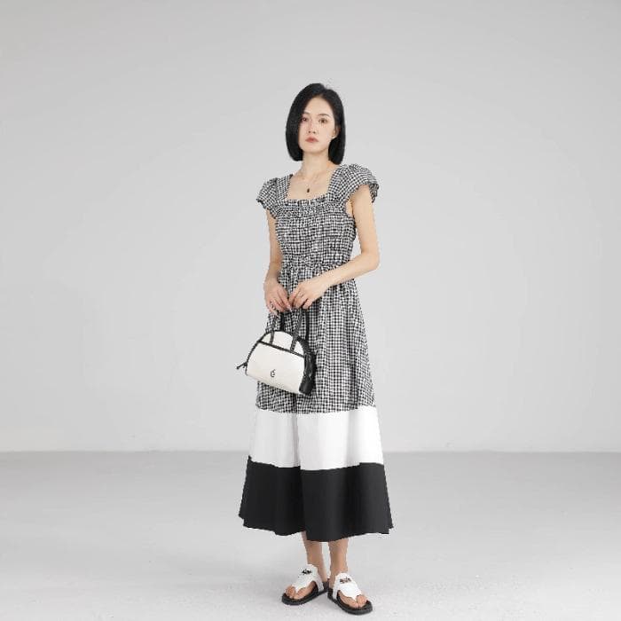 Women's New Summer French Square Collar Plaid Suspender Dress with Patchwork Style, Slimming Long Skirt 4XL