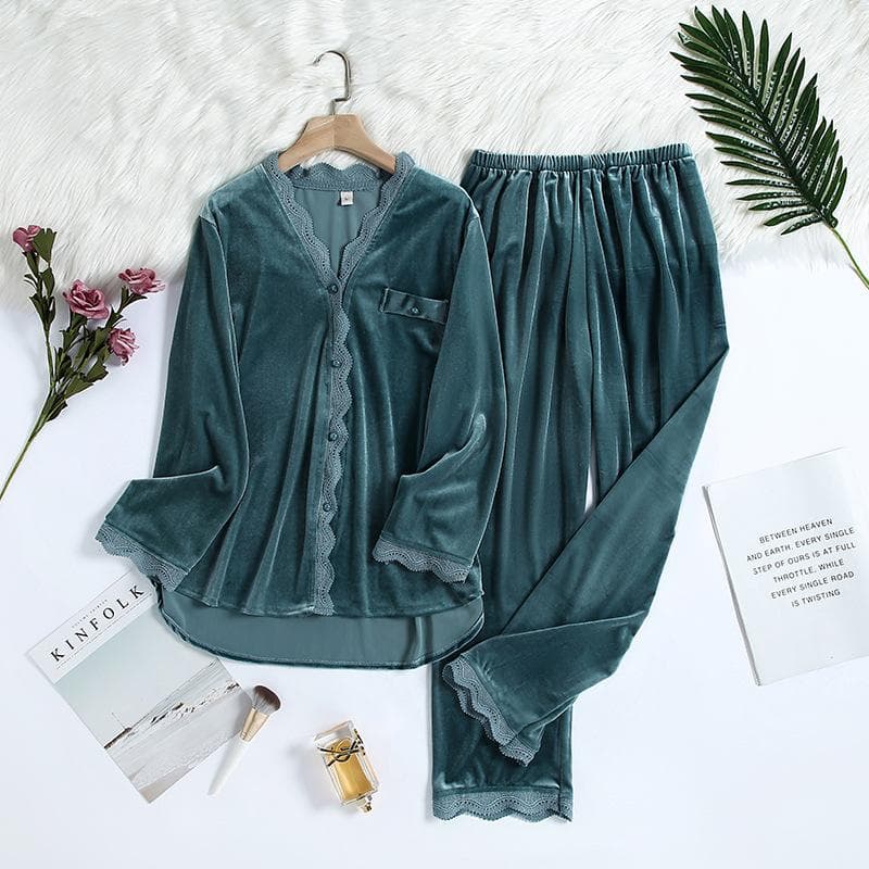 2PCS Velvet Pajamas Set for Women Winter Warm Pyjama Sexy Female Velor V-neck Lace Homewear Autumn New Long Pant Pijamas Suit L green