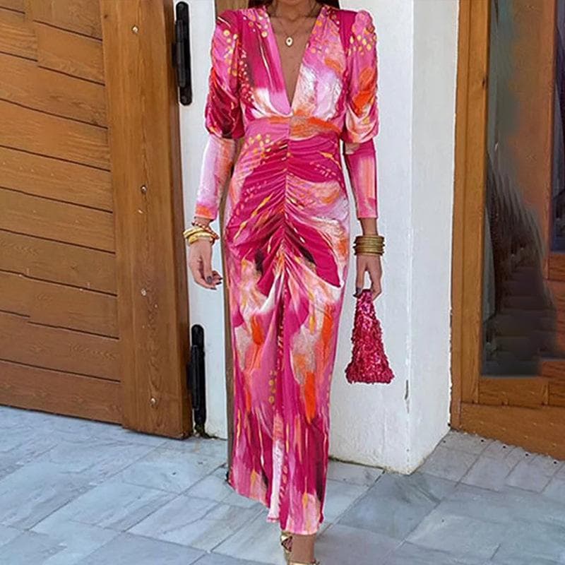 Spring New Women's Temperament Printed Sexy V-neck Pleated Waist Dress 3XL