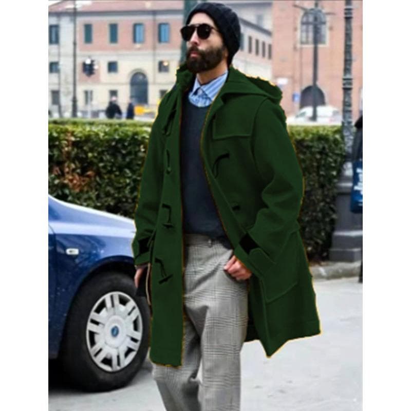 Woolen Coat Men's Horn Buckle Thickened Hooded Jacket Woolen Trench Coat M green