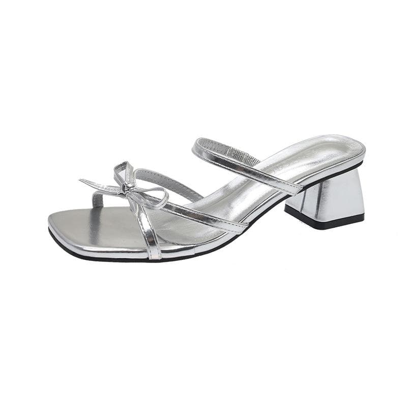 Slippers Summer Wear All-match High Heeled Silver Bow-knot Slippers 35 silver