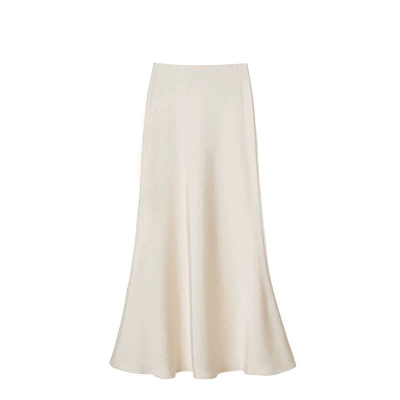 High Waisted Slimming Mid Length Satin Acetate Silk Smooth Half Skirt Spring/summer Wrap Buttocks Fishtail A-line Long Skirt 5XL apricot
