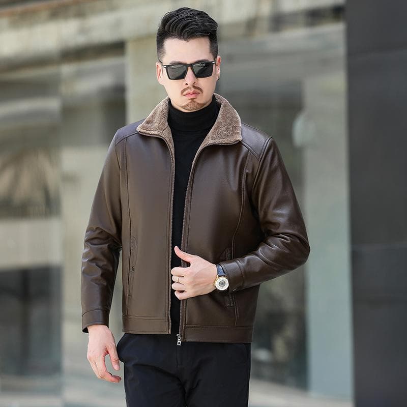 Thickened and Fleece Middle-aged and Elderly Fur One Jacket Loose Autumn and Winter Dad Coat Leather Men 60