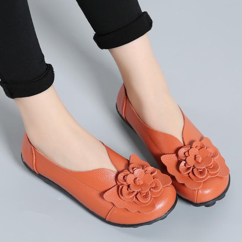 Autumn Flowers Handmade Shoes Women's Floral Soft Flat Bottom Shoes Casual Sandals Folk Style Women Genuine Leather Shoes 40 orange