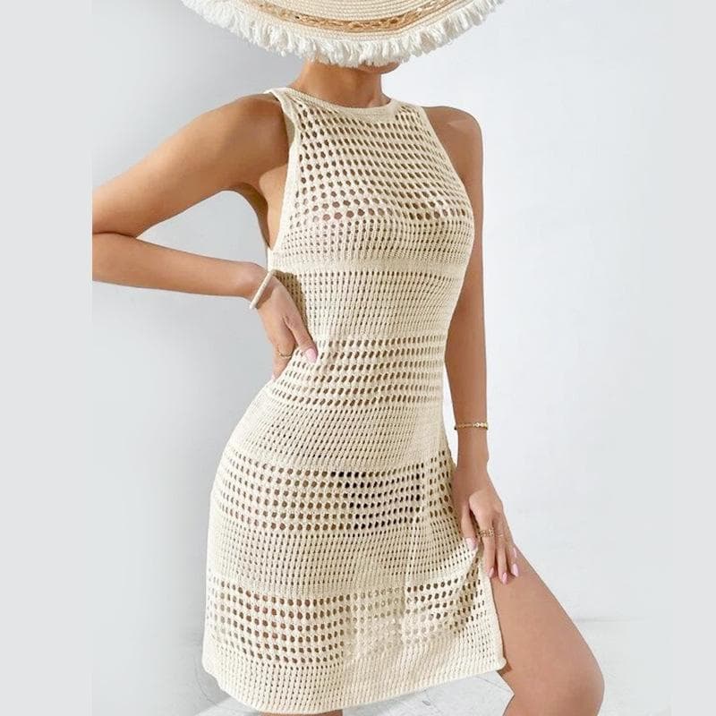Hollow Beach Jacket Bikini Blouse Swimsuit Outfit Women's Beach Clothes Swimsuit Dress M beige