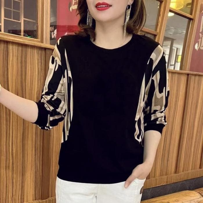 Ice Thread New Fashionable Long-sleeved T-shirt with Large Size Round Neck Slimming Middle-aged Mother's Diamond Top for Women XL