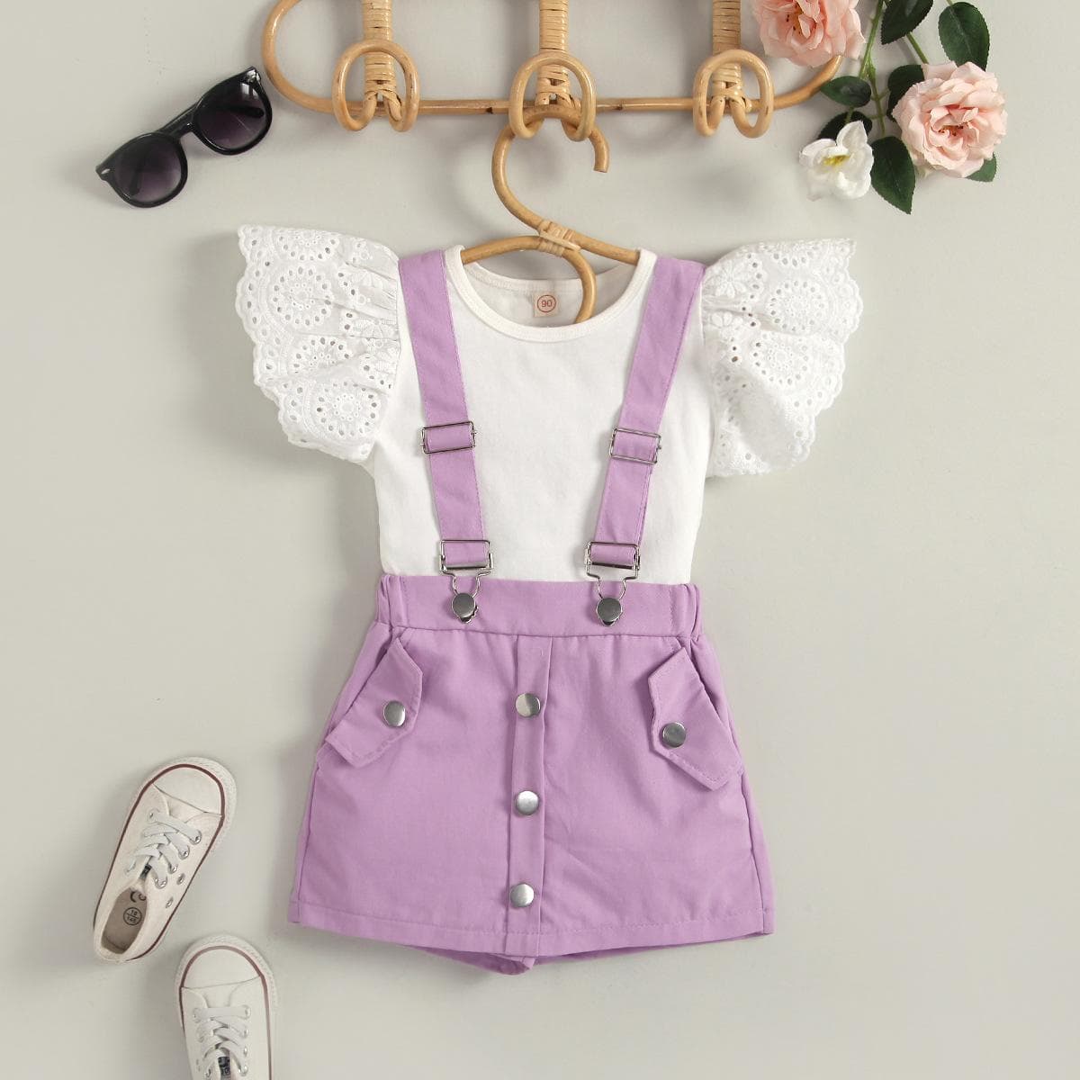 Kids Baby Girls Summer Fly Sleeve Tops Solid T-shirts Overalls 2pcs Suits Toddler Children Casual Clothes Sets 100 purple