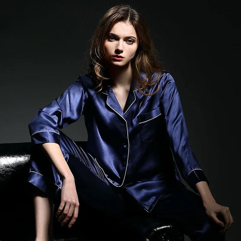 Women's Pajamas Suit Summer Autumn Spring Winter Long Sleeve Two-piece Silk Pajamas Gray XL