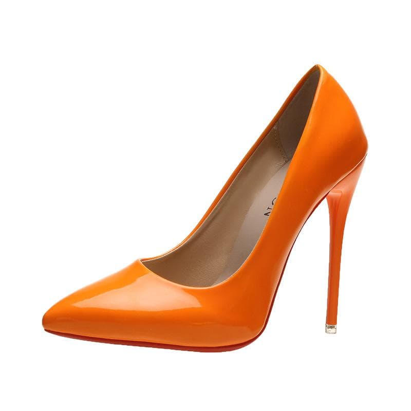 Fashion 2024 Spring Super High 12cm Stiletto Heels Pumps Women Shoes Pointed Toe Florescence Patent Leather Office Thin Heel 38 orange