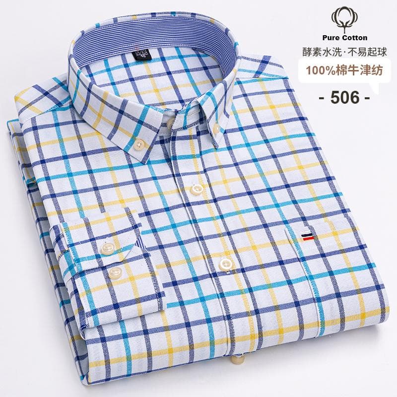 100% Cotton Oxford Men's Shirts Long Sleeves Plaid Soft Regular Fit Formal Dress Shirt Pocket Social Blouse Male Clothes S-7XL L