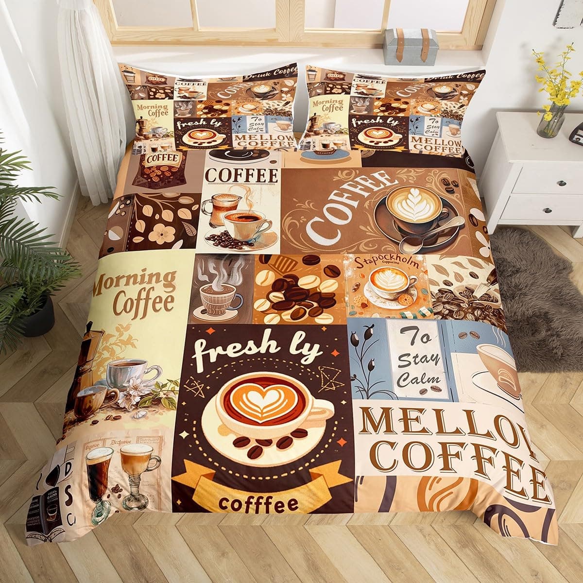 Coffee Duvet Cover Queen King Cartoon Coffee Drink Cup Print Bedding Set Coffee Lover Comforter Cover Modern Brown Quilt Cover US Queen(228x228cm)