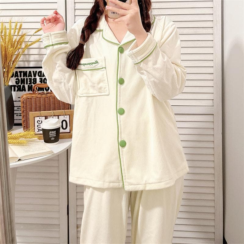 Autumn Winter Thick Plush Pajamas Home Wear Women Casual Simple Luxurious Sleepwear Long Sleeved Warm Cardigan Pants Sleepwear 2XL