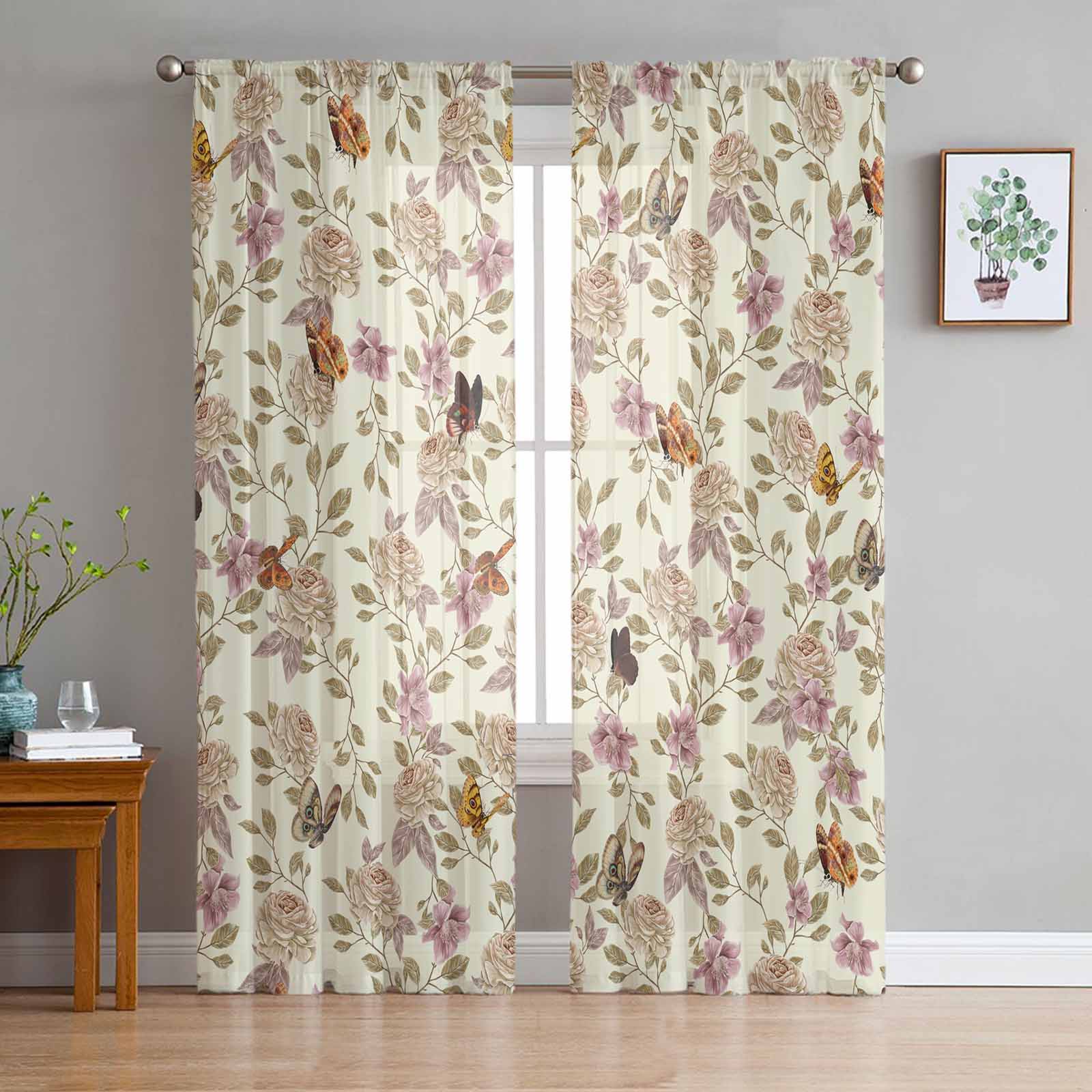 Abstract Green Leaf Plants Tulle Window Curtains for Bedroom Luxury Home Decor Drapes in Living Room Chiffon Panels 135W x 114H(cm)