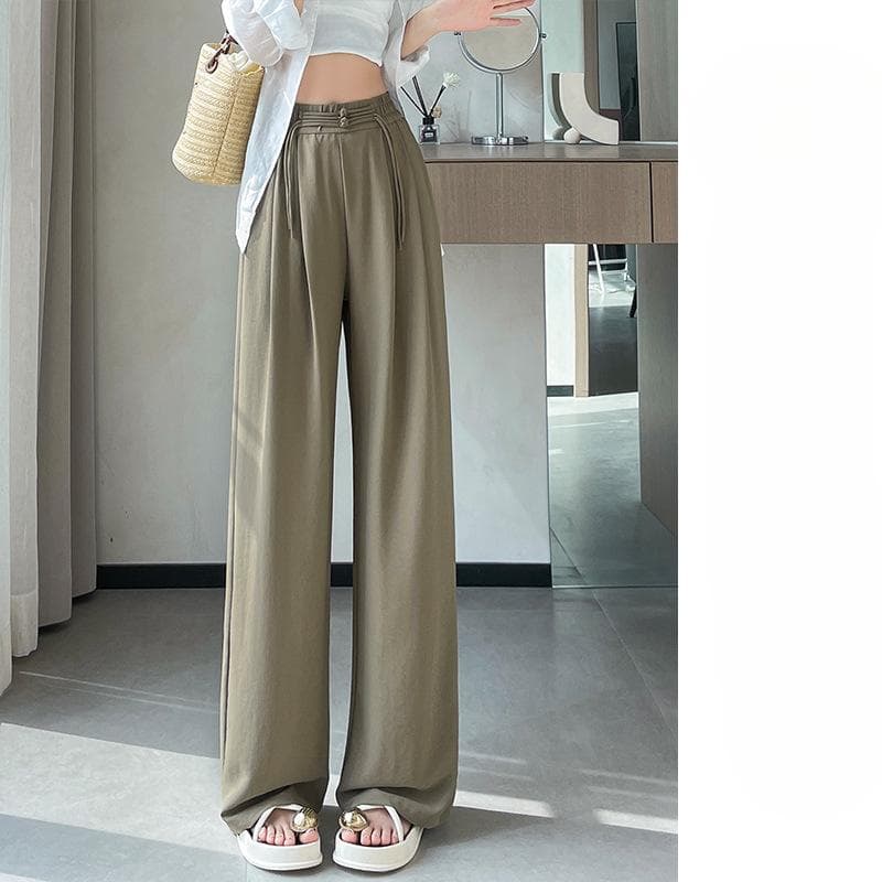 New Chinese Wide-leg Pants for Women In Summer Chinese Style, Elastic Waist, Ice-like Draping, Loose Slimming Straight-leg Casual Trousers 2XL