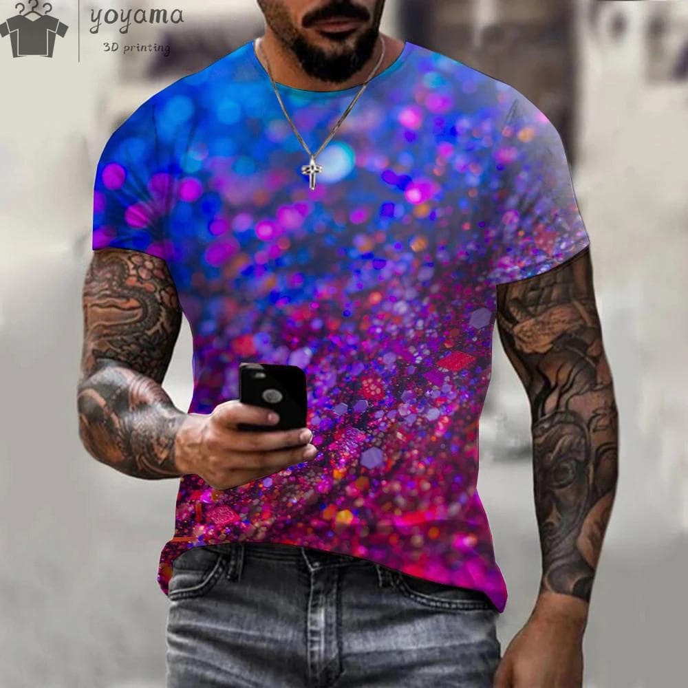 Hot Sale Summer Fashion Colorful Glitter 3d Printed Men T-Shirt Unisex Casual Trendy Oversize Men’s Short Sleeve O Neck Tops 4XL