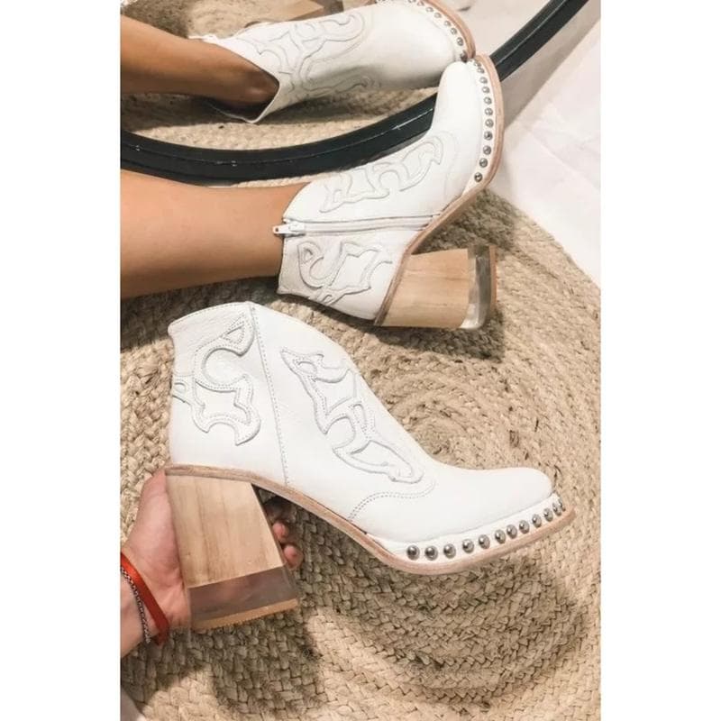 Embroidered Fashion Boots Women Rivet Crystal High Heels Short Boots Ankle Boots 38 white