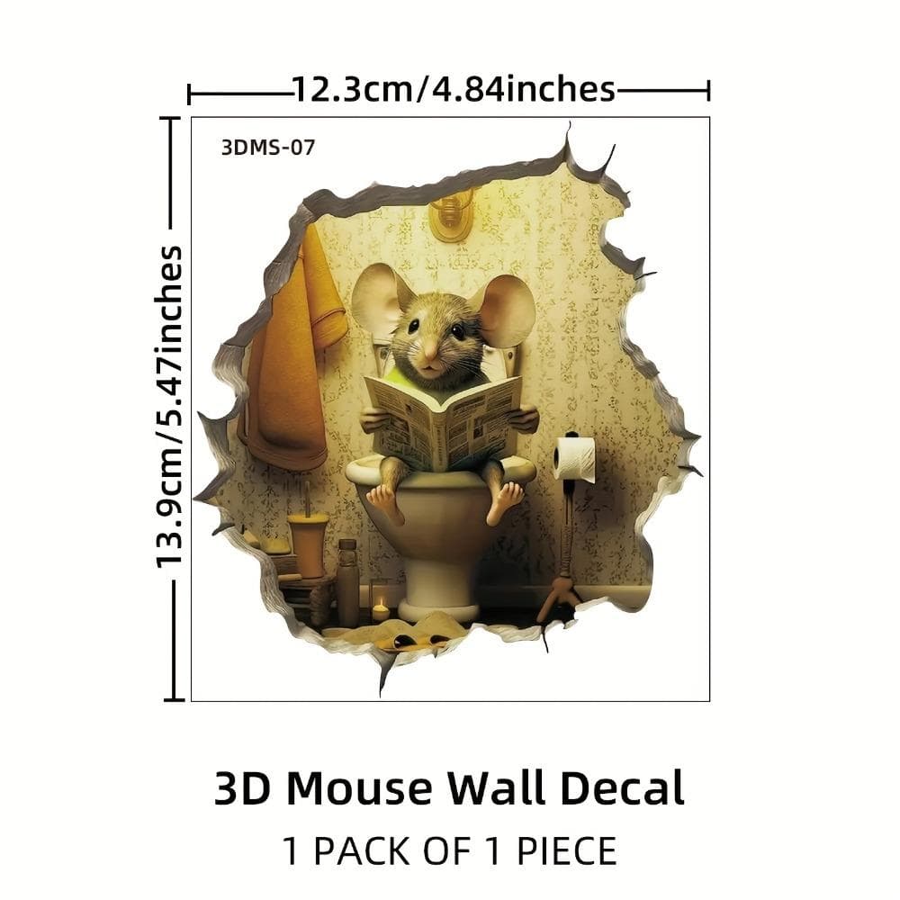 1pc 3D Mouse Hole Wall Sticker, Mouse Sitting On The Toilet Reading Pattern Self-adhesive Wall Sticker 1pc