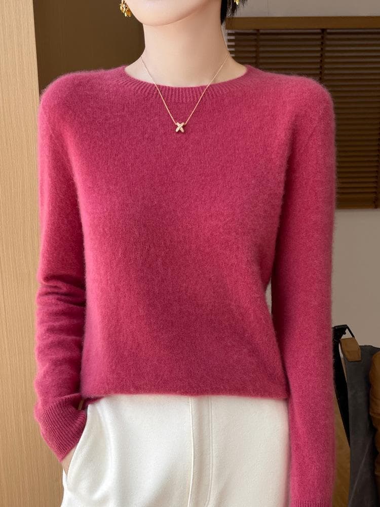 Women's 100% Pure Wool Loose Knitted Pullover Sweater for Autumn/Winter Crewneck, M red/raspberry