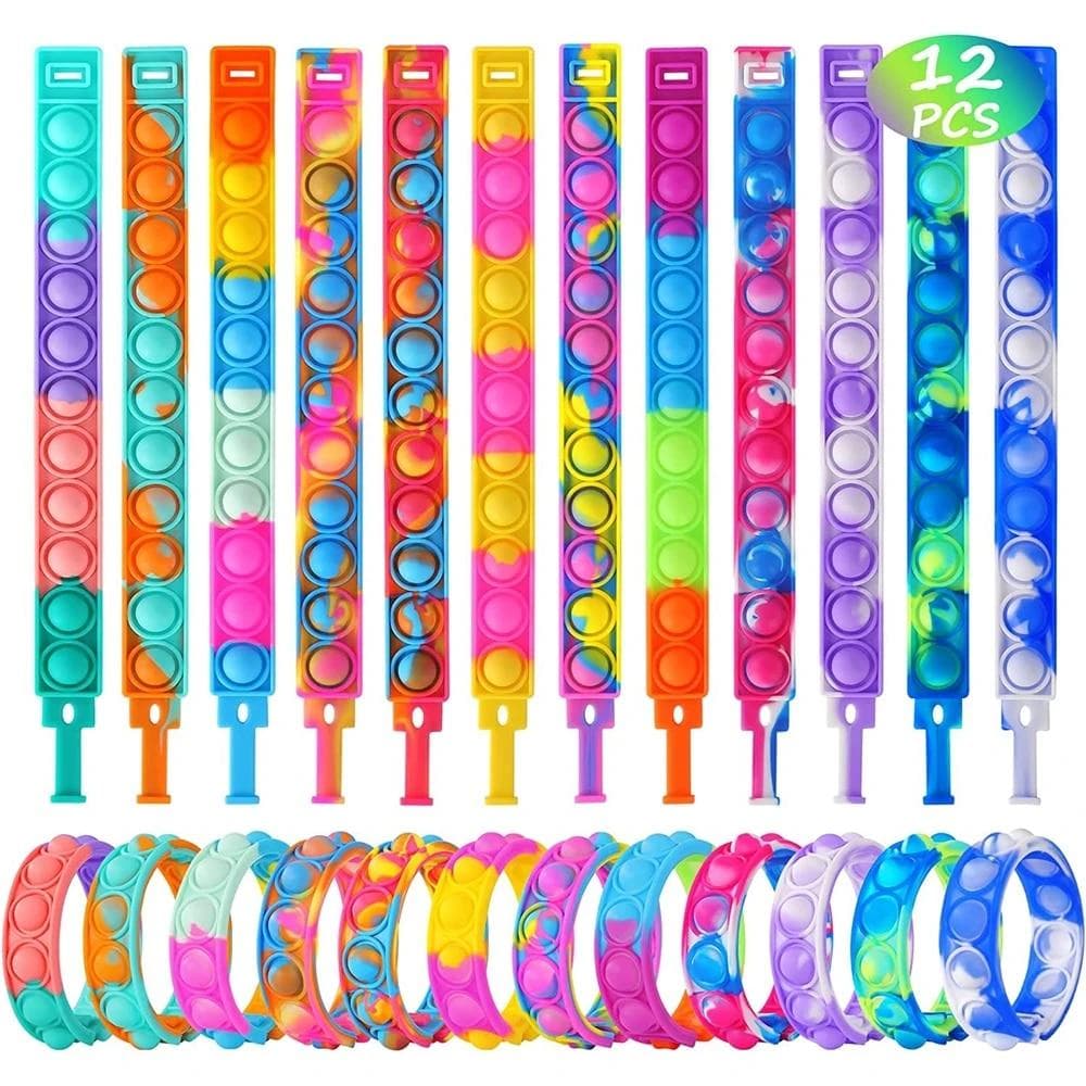 12PCS Fidget Toys Pop Bracelet Party Favors Bubble Bracelets Push Poping Sensory Stress Reliever Toys for Kids Children Gifts 12pcs Random Colors