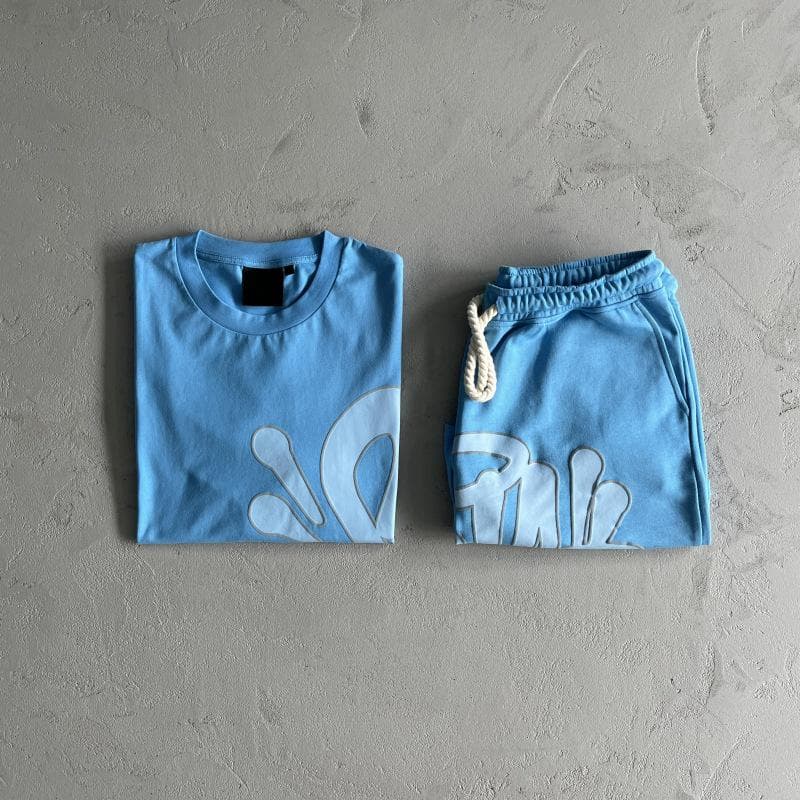 Synaword Men's Trendy American Foam Letter Print T-Shirt & Shorts Set M blue