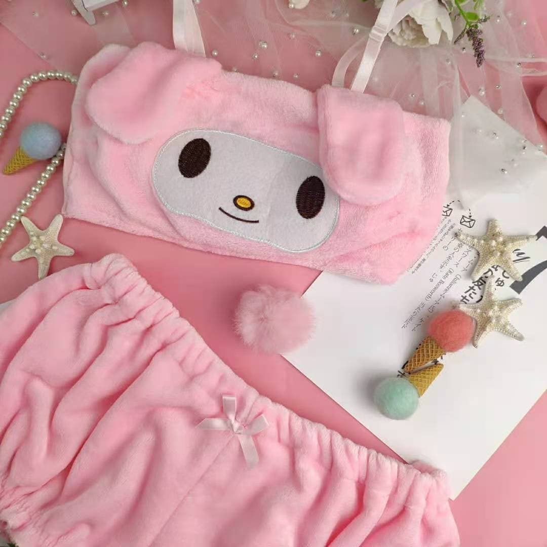 Cosplay Lingerie Winter Velvet Tube Top and Panties Kawaii Bunny Girls Pajamas for Women Sleepwear Loungewear Sets S pink