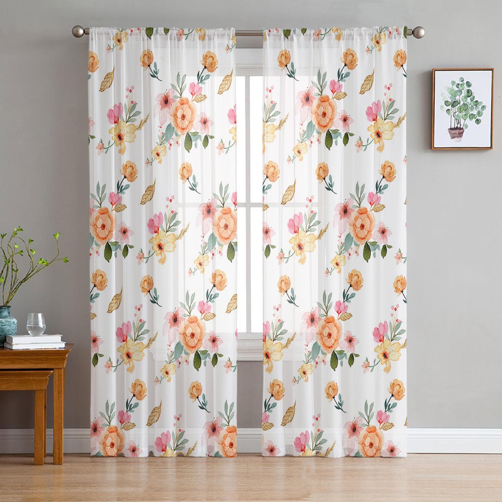 Summer Flowers Plants Green Leaves Watercolor Bedroom Curtains Tulle Sheer Curtain Living Room Home Decor Voile Drapes 135W x 114H(cm)