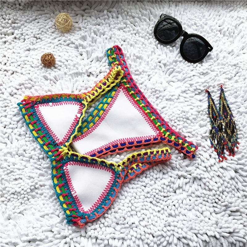 Bikini Women Handmade Crochet Knit Swimwear Halter Patchwork Bathing Suit Swimsuit Biquini Thong Bikini M white