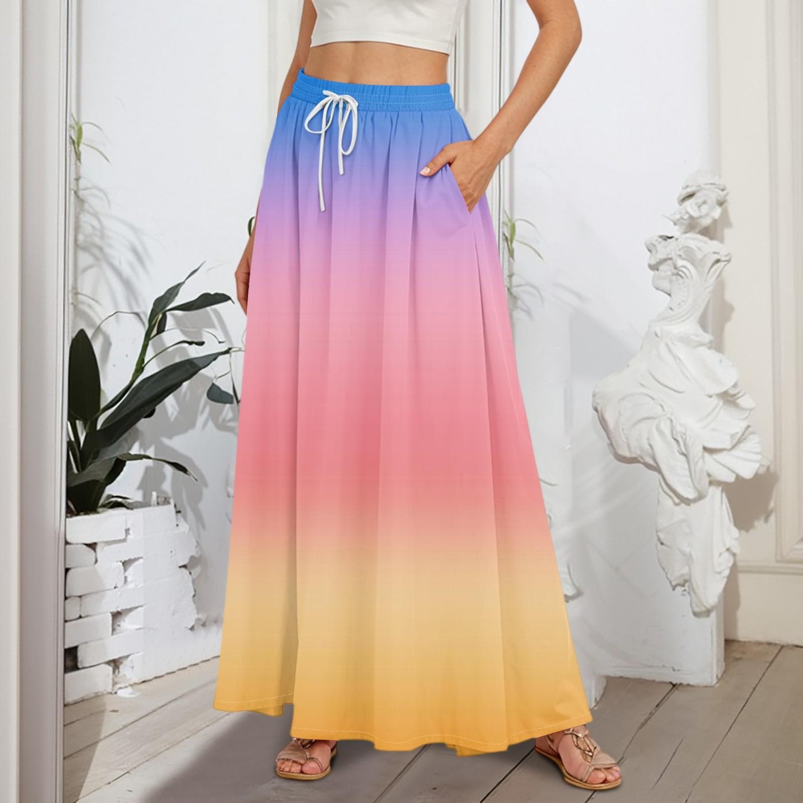 Women's Flowy Flared Ruffle Hem A Line Maxi Skirts Elastic Waist Elegant Tiered Layer Boho Long Skirts S pink