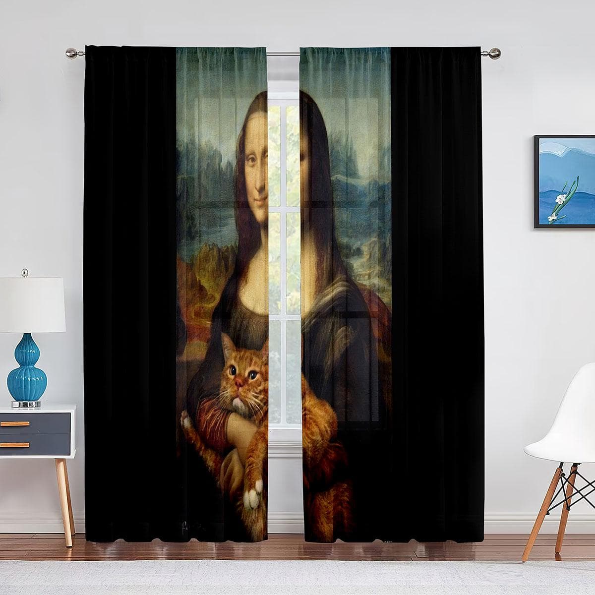 Mona Lisa and Funny Kittens Painting Tulle Curtain for Bedroom Window Curtain Luxury Cafe Hotel Decor Living Room Sheer Drape 1 PCS W100XH250cm&Grommet Top