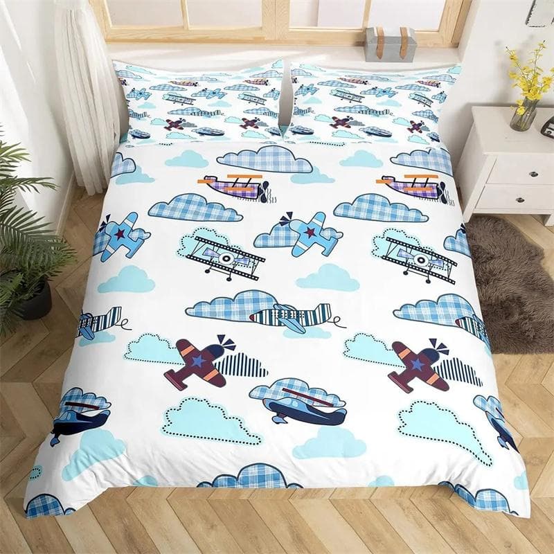 Airplane Duvet Cover Planes Fying In Air Aviation Airport Helicopters and Jets Cartoon Style Room Decorative for Boys Girls Gift 135x200cm 2pcs