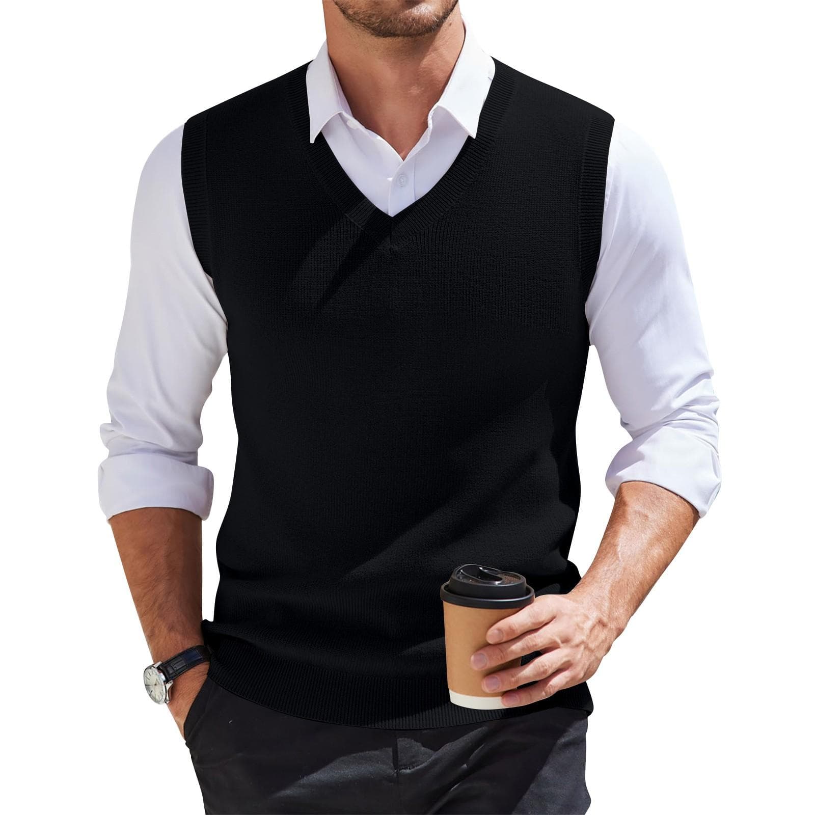 Men's V-neck Vest Sleeveless Knitted Pullover XXXXL black