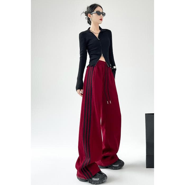 Loose and Thin, Drape Wide-leg Pants, Spring and Autumn New Drawstring Two-wear Sweatpants 2XL burgundy