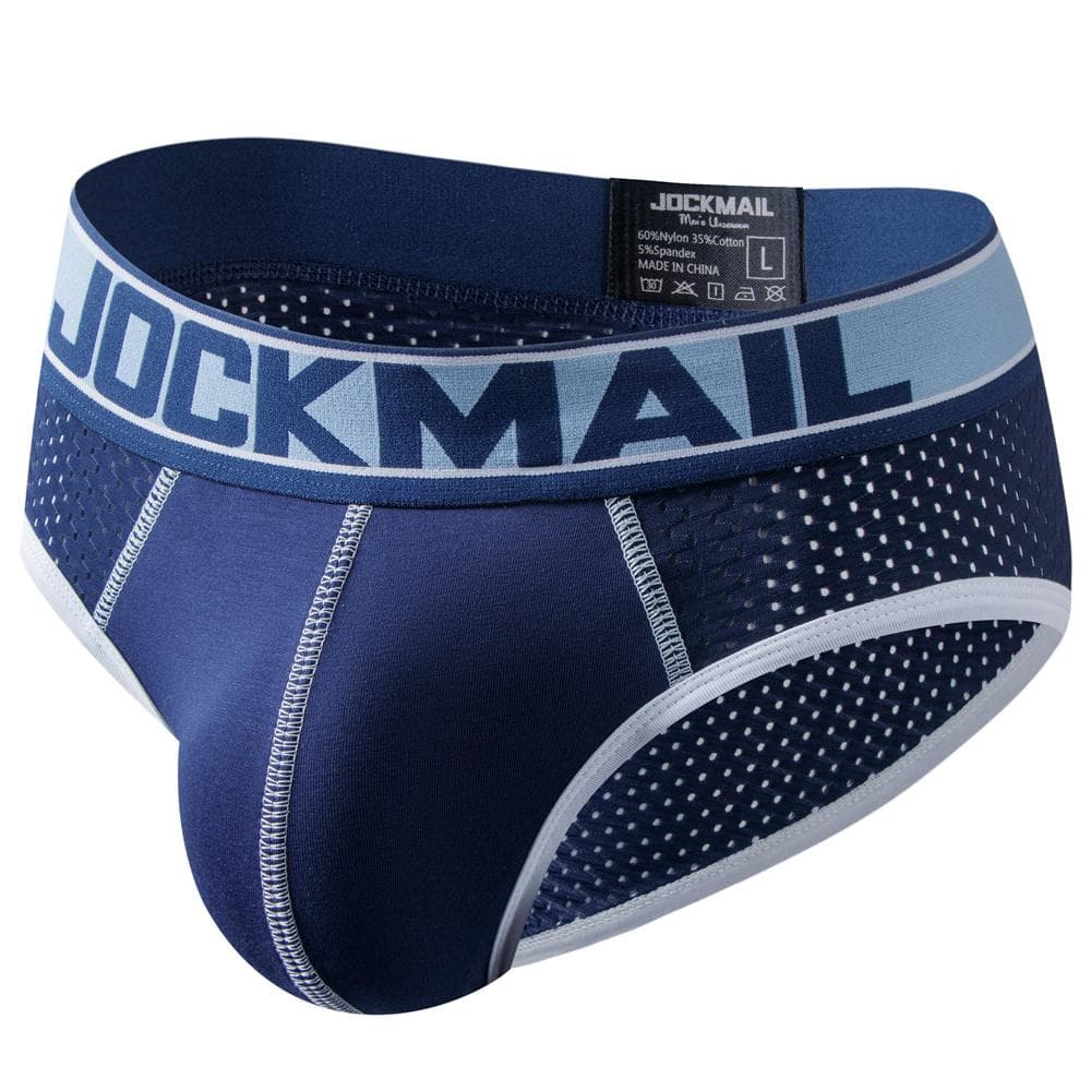 Men's Briefs JOCKMAIL Brand Sexy Low Waist Colour Blocking Design Sports Breathable Underpants Mesh Material Men's Underwear L dark blue