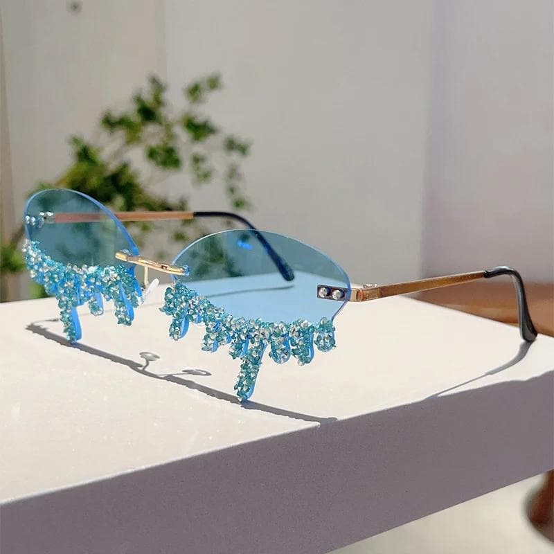 KAMMPT Rhinestone Rimless Tear Sunglasses Women Fashion Trendy Stylish Rave Sun Glasses golden