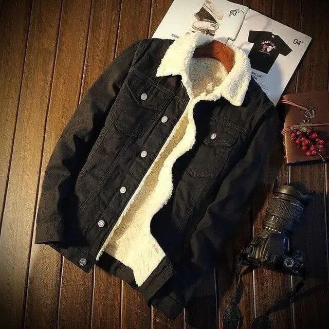 Men's Warm Denim Jackets Fashion Men Fleece Thick Warm Jeans Jacket Male Casual Slim Outwear Windbreaker Cowboy Coats L black