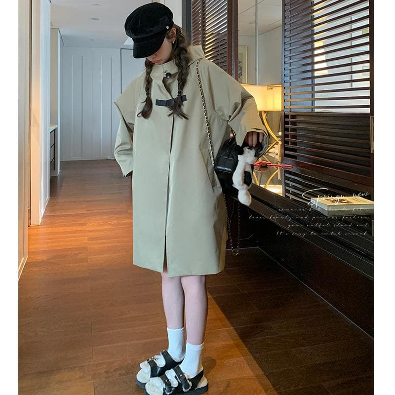 Spring Cape Style Mixed Outdoor Style Windbreaker Women's Loose Large Size Mid-length Hooded Casual Jacket XL