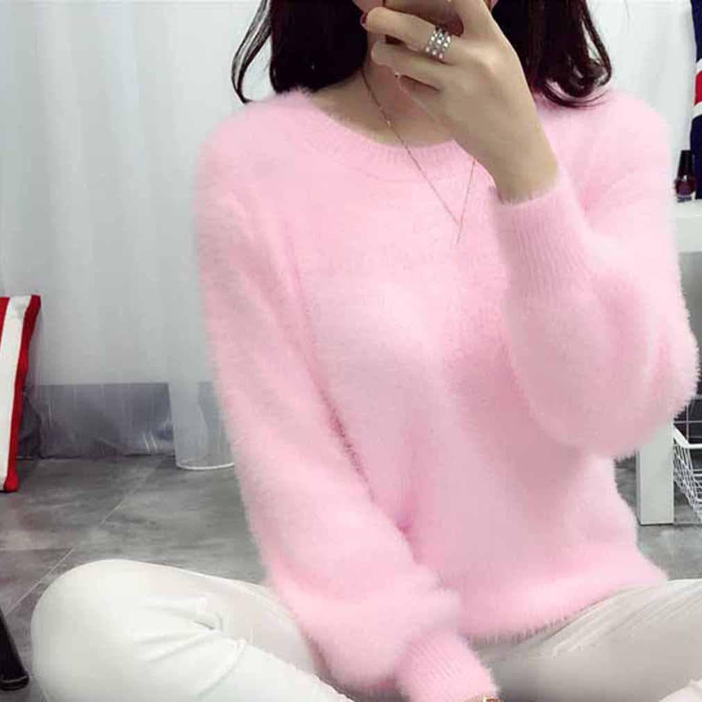 Skinny Style Womens Casual Long Sleeve Knitted Pollover Loose Jumper Tops Sweater Knitwear One size pink