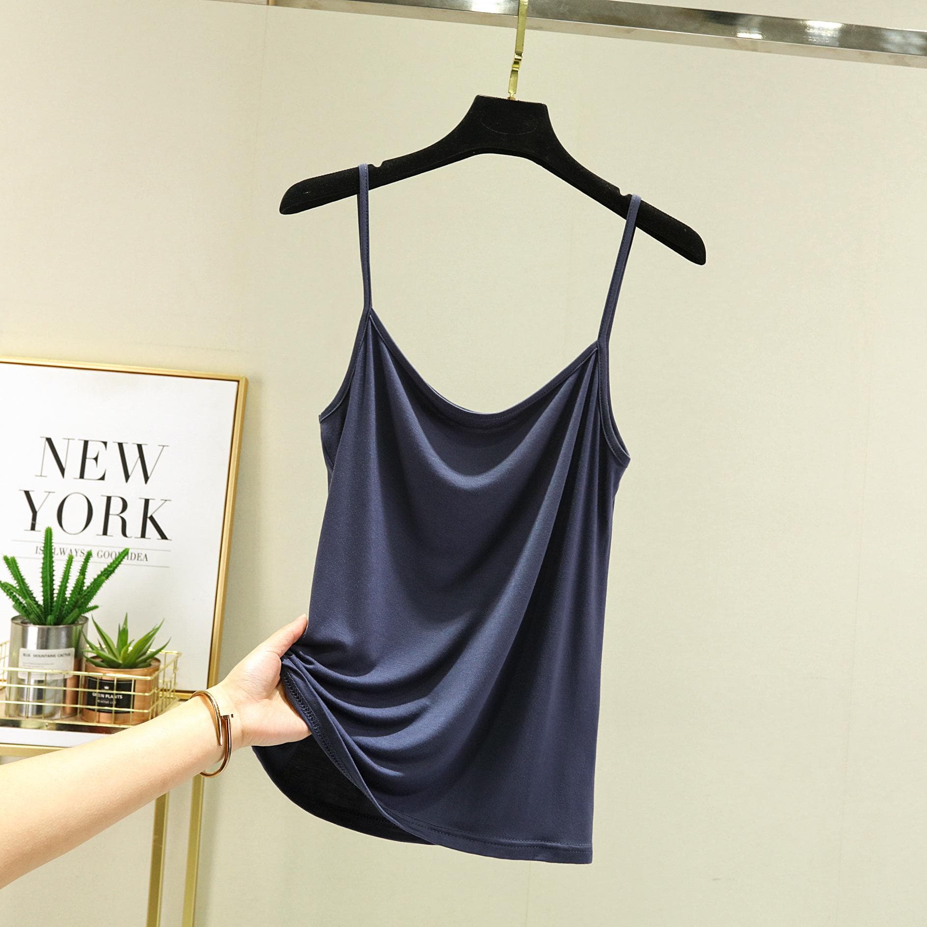 Modal Spaghetti Strap Tops Basic Camis Sleeveless Tank Top Solid color Women summer Camisole all match XL navy blue