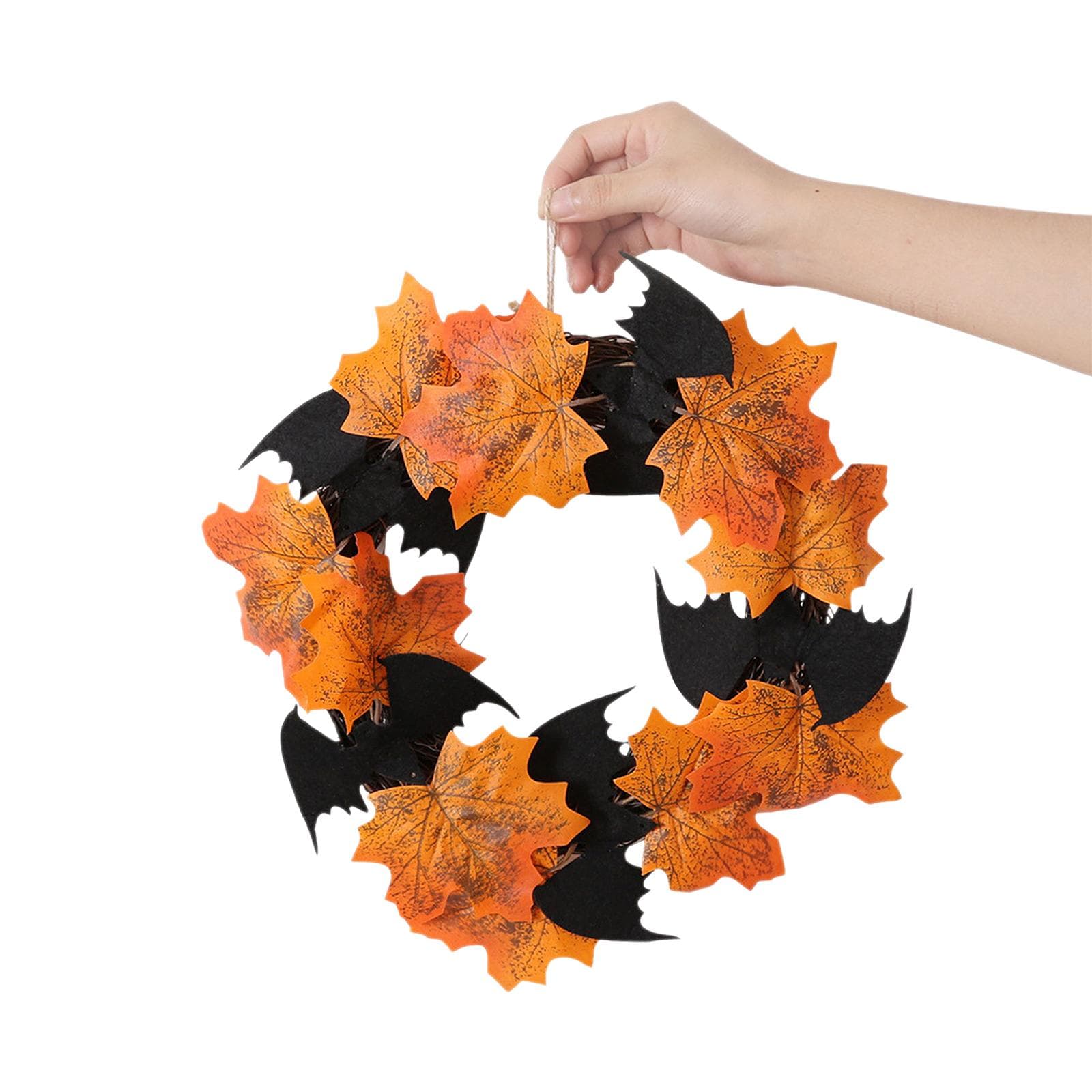 11 Inch Halloween Front Door Wreath Hanging Garland Artificial Maple Leaf Bat Wreath for Wall S