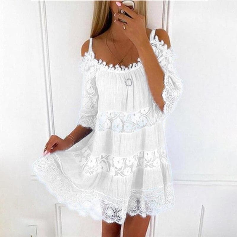 Sexy Off Shoulder Lace Dress Casual Loose Sweet Dress Summer Short Sleeve Camisole Solid Color O-neck Short Mini Dresses 26249 XL ivory