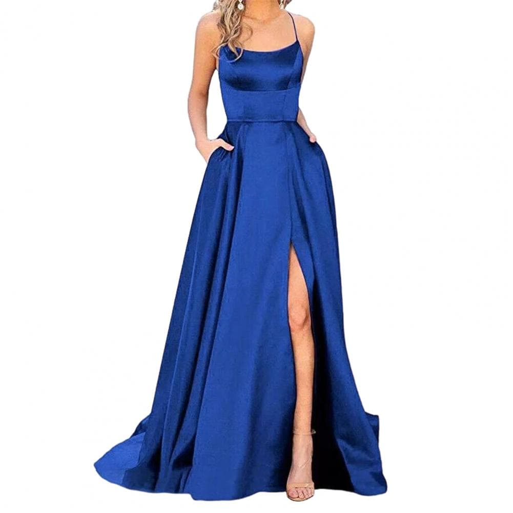 Prom Maxi Dress Elegant Satin Evening Dress with Spaghetti Straps High Slit Side Pockets for Prom Banquet or Party Off Shoulder M dark blue