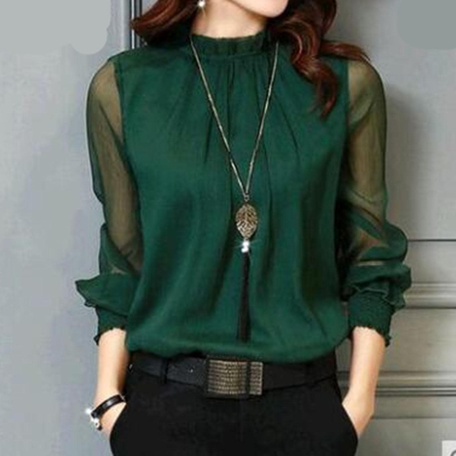 Autumn Rayon Chiffon Mesh Ribbon Long-sleeved Shirt M green