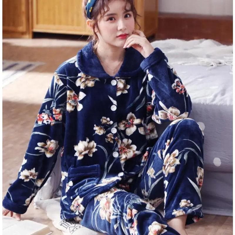 Flannel Women's Pajamas Set Thickened Coral Fleece Long Sleeve Pajamas Pajamas Set Women's Pajamas Home Clothes 2XL